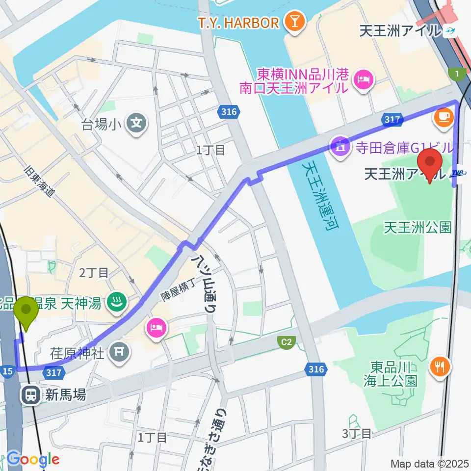 新馬場駅から天王洲公園サッカー場へのルートマップ地図