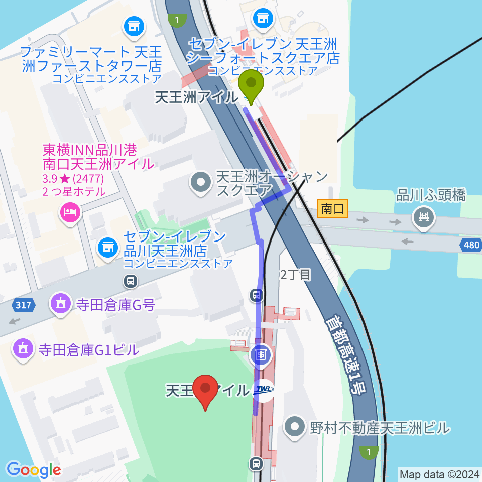 天王洲公園サッカー場の最寄駅天王洲アイル駅からの徒歩ルート（約5分）地図