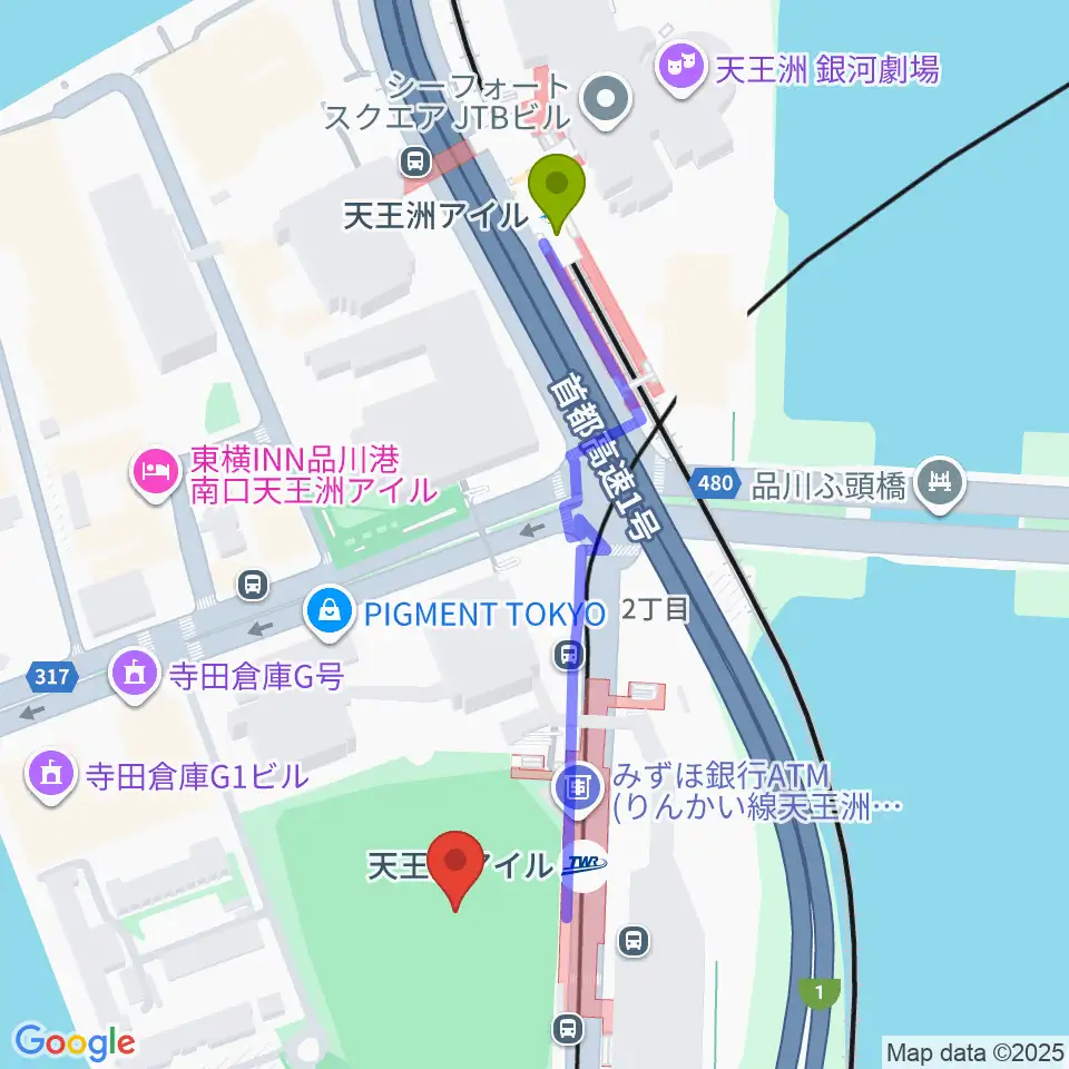 天王洲公園サッカー場の最寄駅天王洲アイル駅からの徒歩ルート（約5分）地図