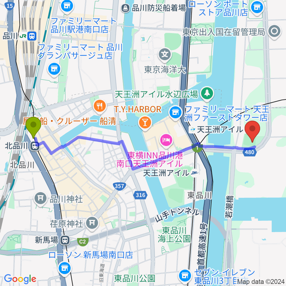 北品川駅から品川南ふ頭公園野球場へのルートマップ地図