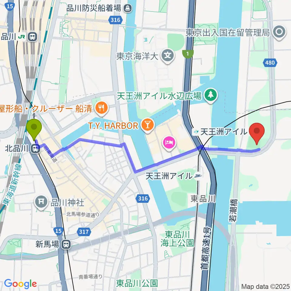 北品川駅から品川南ふ頭公園野球場へのルートマップ地図
