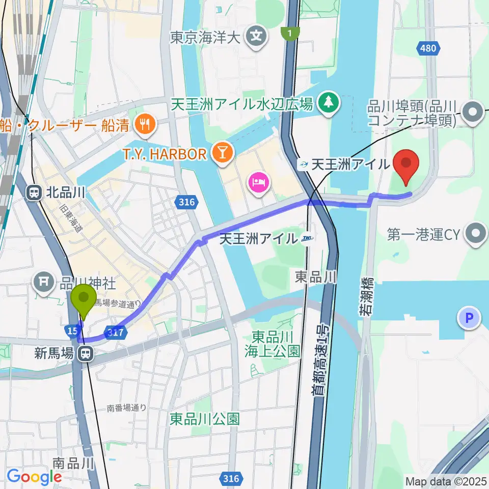 新馬場駅から品川南ふ頭公園野球場へのルートマップ地図