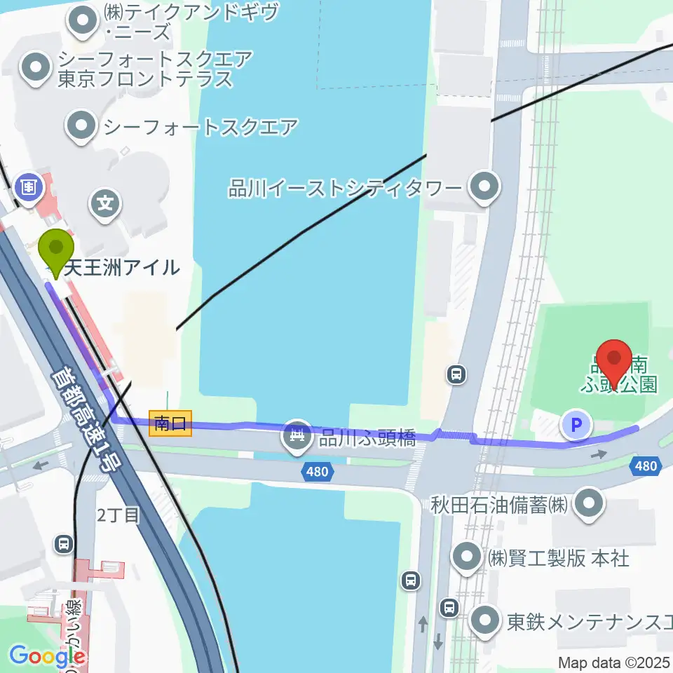 品川南ふ頭公園野球場の最寄駅天王洲アイル駅からの徒歩ルート（約7分）地図