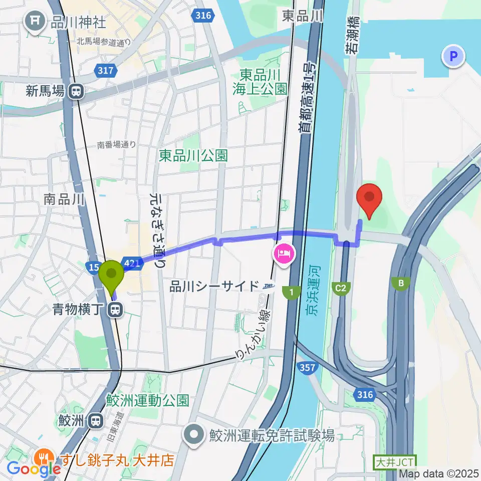 青物横丁駅から八潮北公園野球場へのルートマップ地図