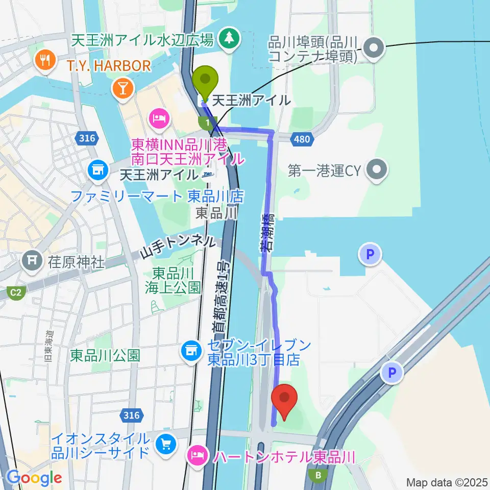 天王洲アイル駅から八潮北公園野球場へのルートマップ地図