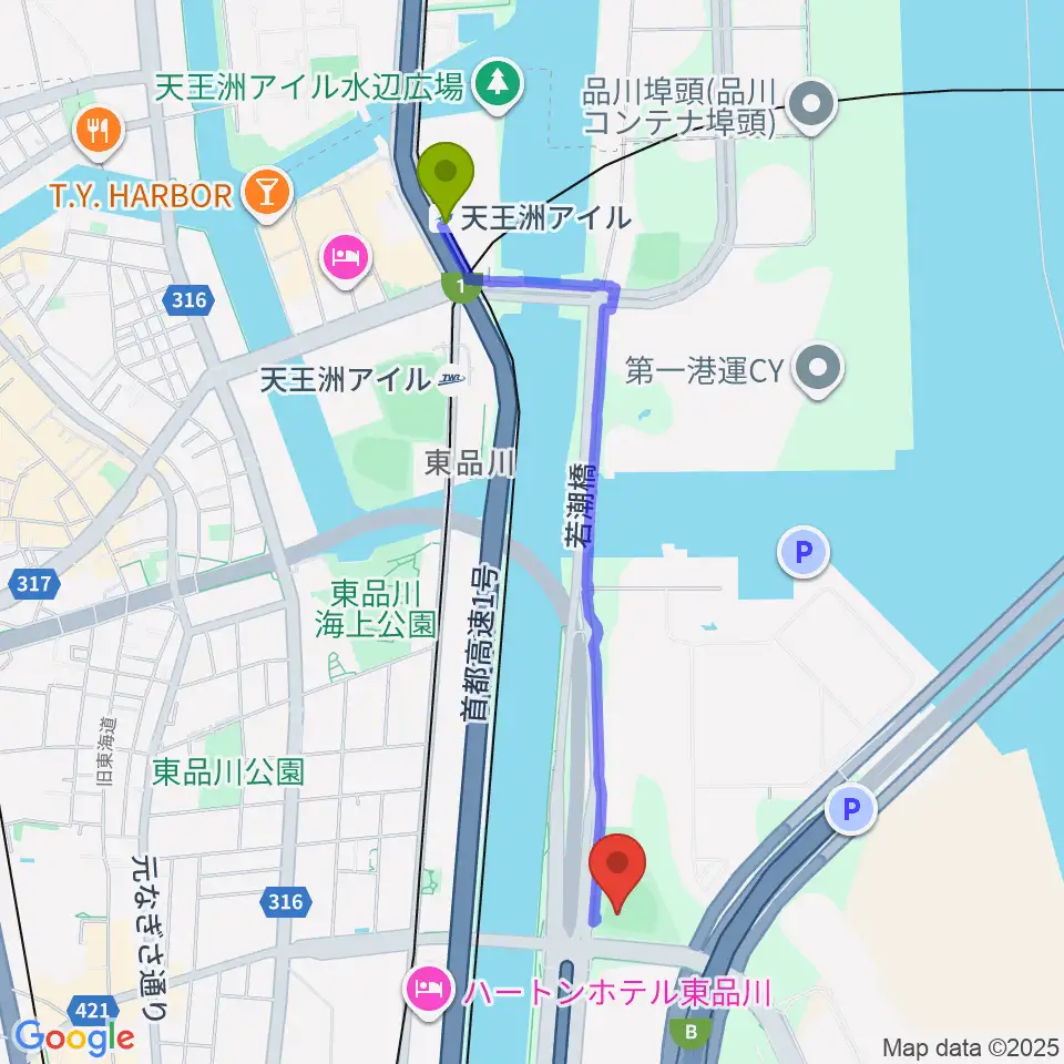 天王洲アイル駅から八潮北公園野球場へのルートマップ地図
