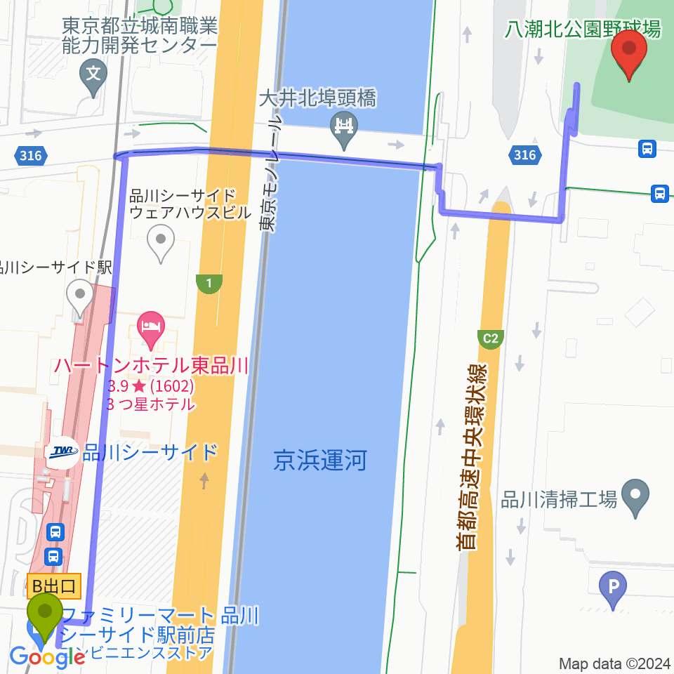 八潮北公園野球場の最寄駅品川シーサイド駅からの徒歩ルート（約9分）地図