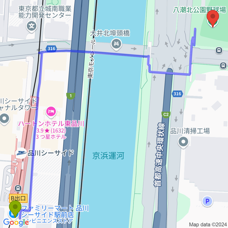 八潮北公園野球場の最寄駅品川シーサイド駅からの徒歩ルート（約9分）地図