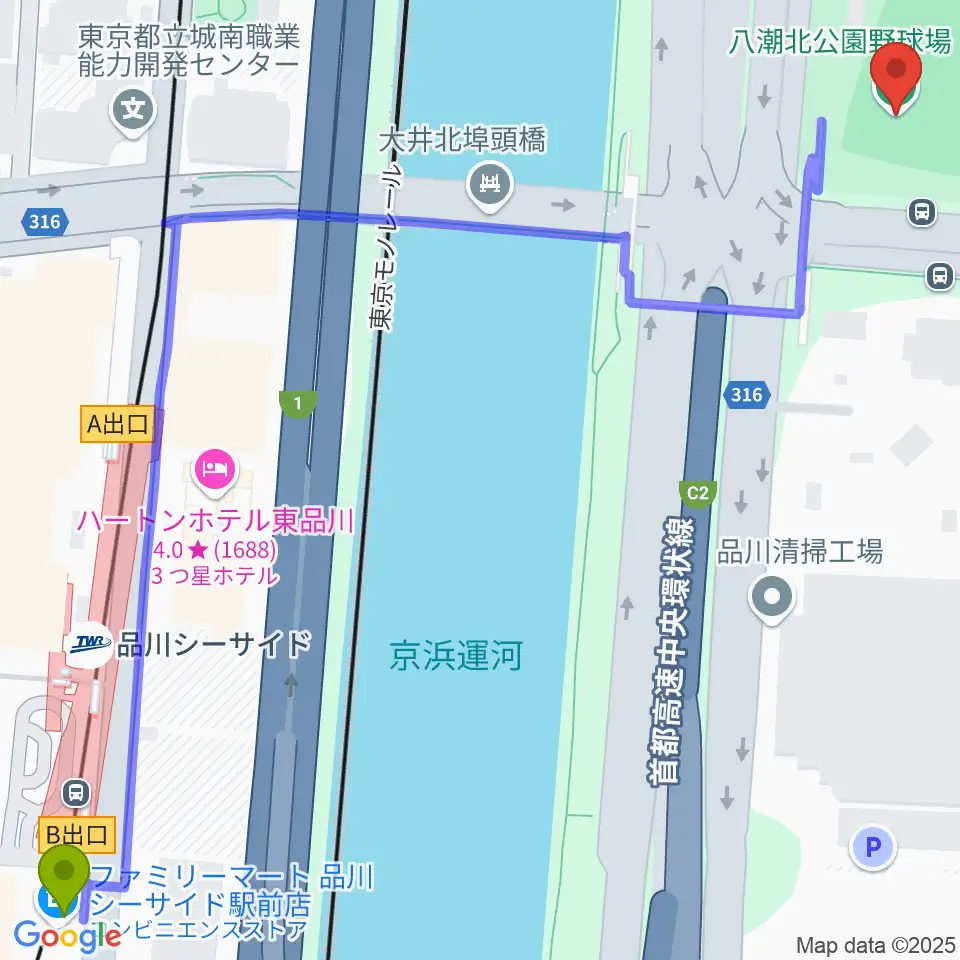 八潮北公園野球場の最寄駅品川シーサイド駅からの徒歩ルート（約9分）地図