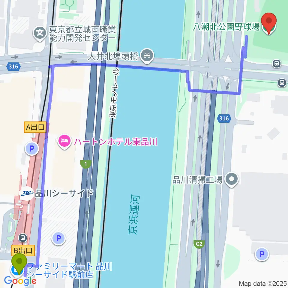 八潮北公園野球場の最寄駅品川シーサイド駅からの徒歩ルート（約9分）地図