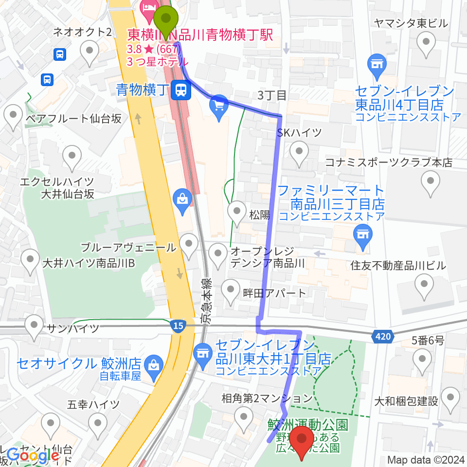 青物横丁駅から鮫洲運動公園軟式こども野球場へのルートマップ地図