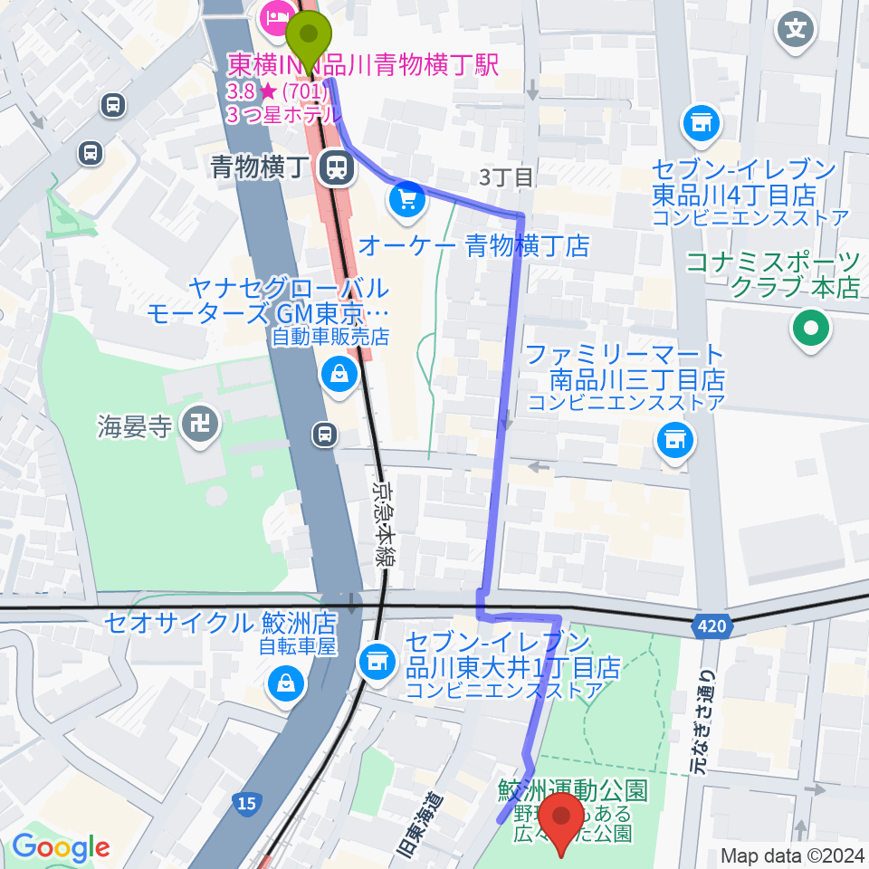 青物横丁駅から鮫洲運動公園軟式こども野球場へのルートマップ地図