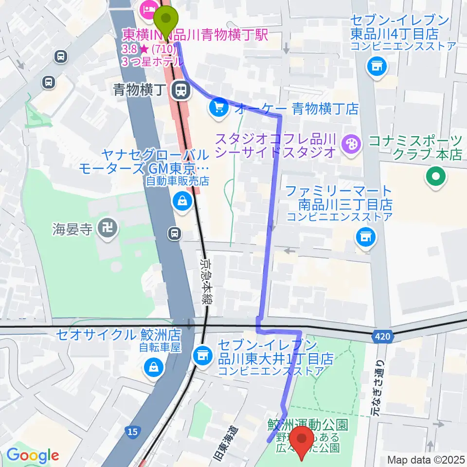 青物横丁駅から鮫洲運動公園軟式こども野球場へのルートマップ地図