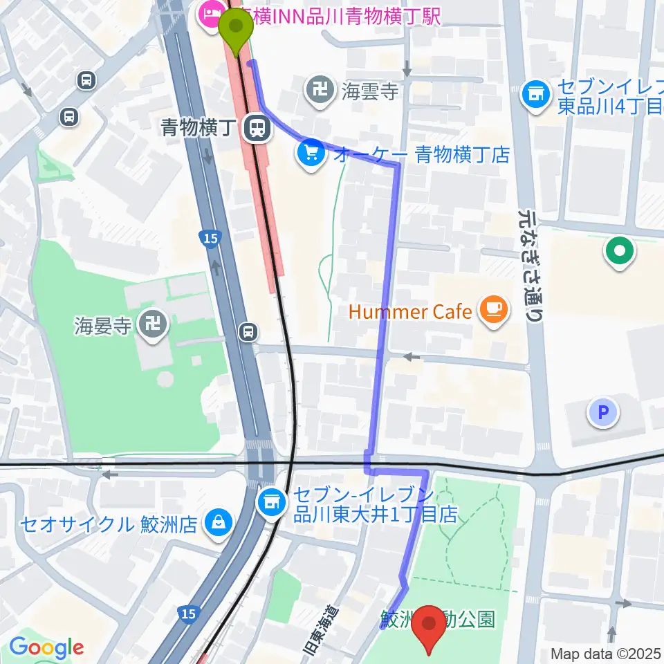 青物横丁駅から鮫洲運動公園軟式こども野球場へのルートマップ地図
