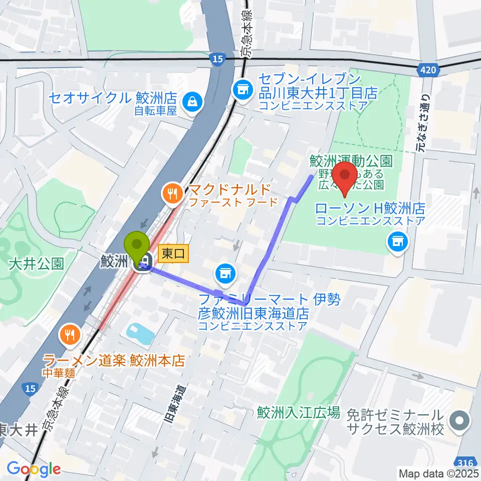 鮫洲運動公園軟式こども野球場の最寄駅鮫洲駅からの徒歩ルート（約4分）地図