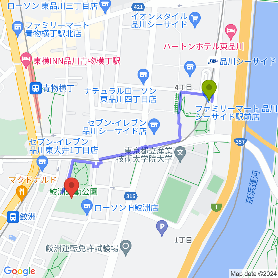 品川シーサイド駅から鮫洲運動公園軟式こども野球場へのルートマップ地図