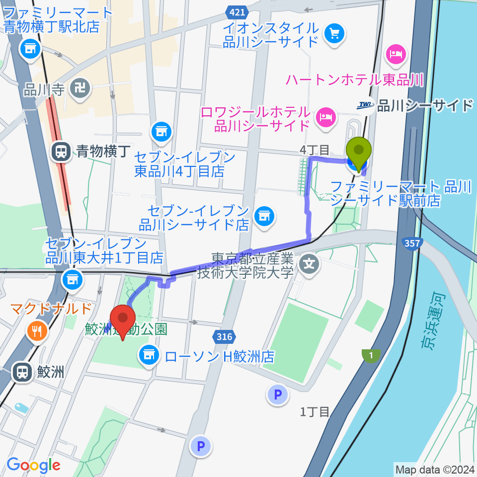 品川シーサイド駅から鮫洲運動公園軟式こども野球場へのルートマップ地図