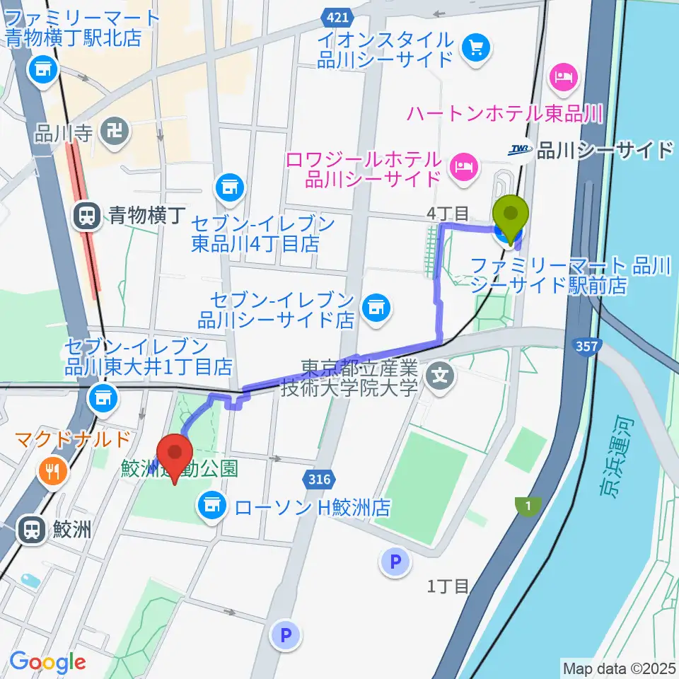 品川シーサイド駅から鮫洲運動公園軟式こども野球場へのルートマップ地図