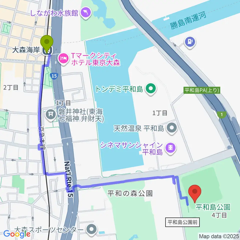 大森海岸駅から平和島公園野球場へのルートマップ地図