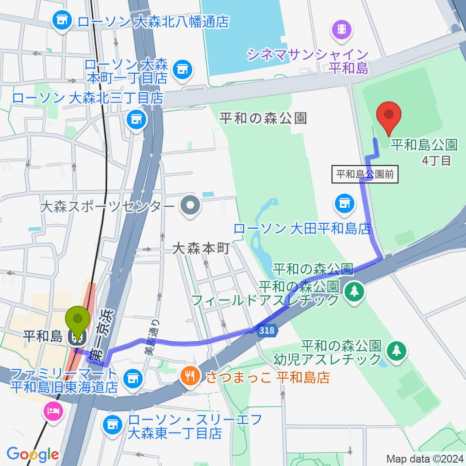 平和島駅から平和島公園野球場へのルートマップ地図