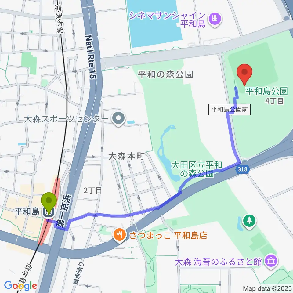 平和島駅から平和島公園野球場へのルートマップ地図