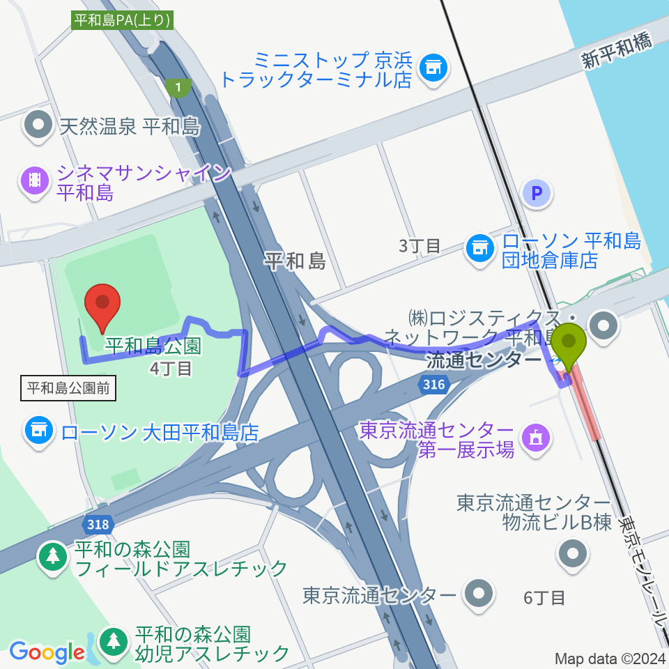 平和島公園野球場の最寄駅流通センター駅からの徒歩ルート（約11分）地図