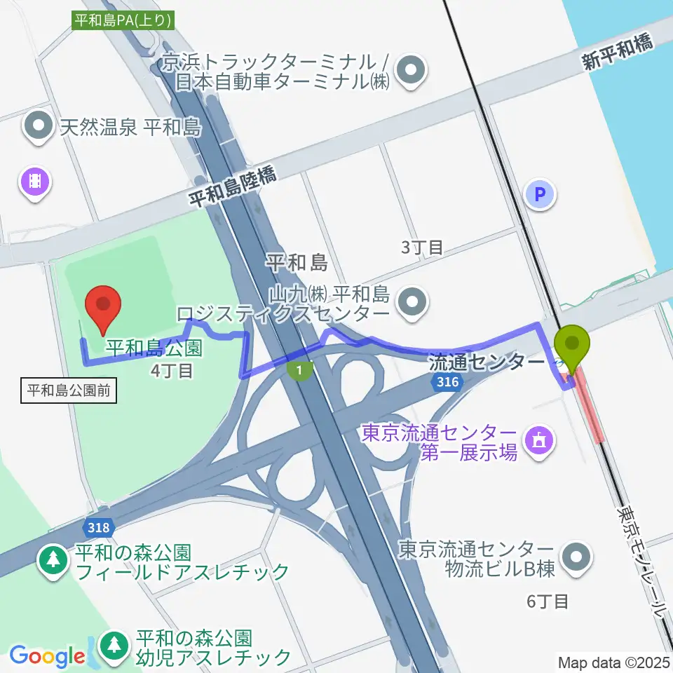 平和島公園野球場の最寄駅流通センター駅からの徒歩ルート（約11分）地図