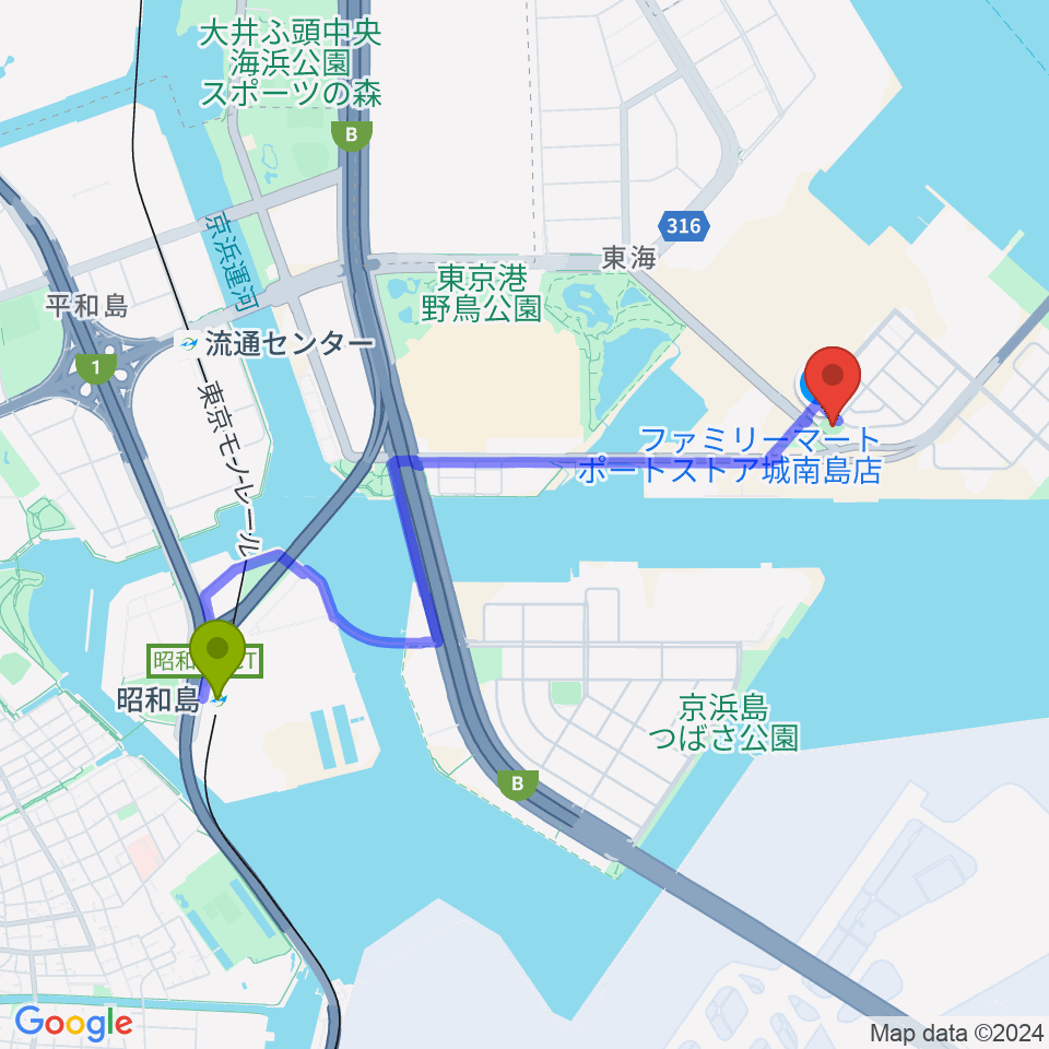 昭和島駅から城南島ポートグランドへのルートマップ地図