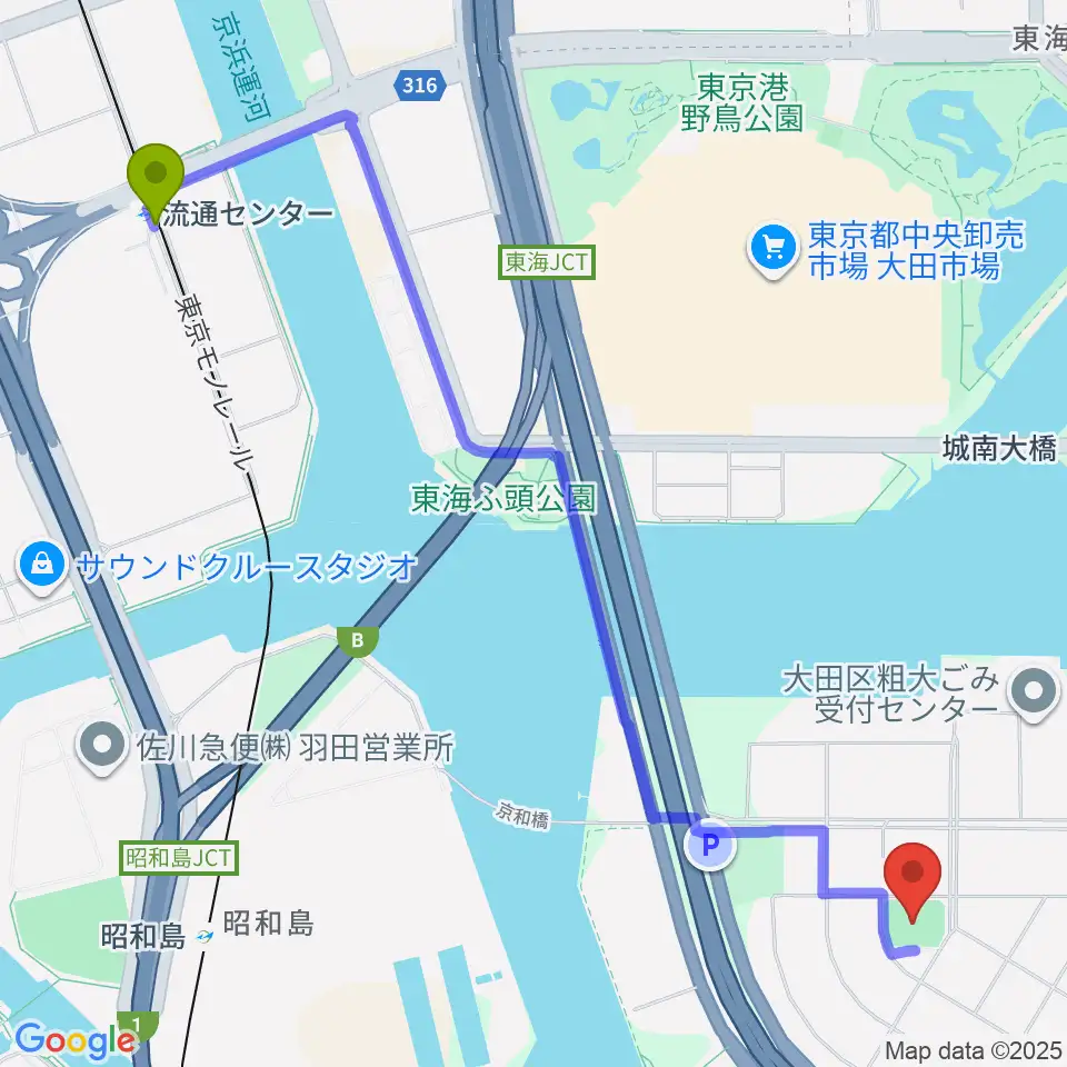 流通センター駅から京浜島防災広場運動場へのルートマップ地図