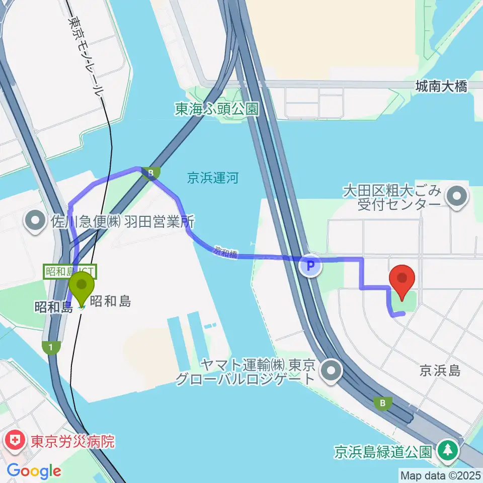 京浜島防災広場運動場の最寄駅昭和島駅からの徒歩ルート（約21分）地図