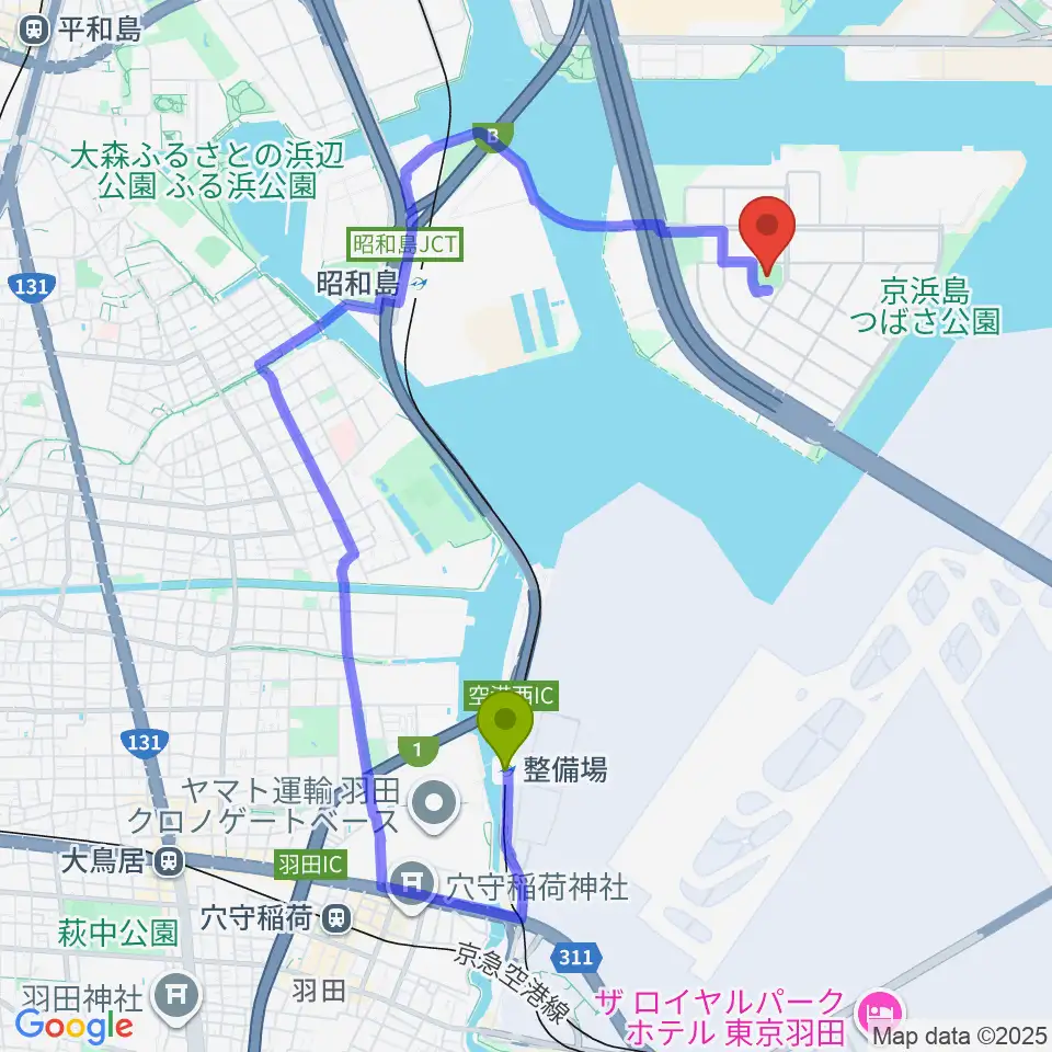 整備場駅から京浜島防災広場運動場へのルートマップ地図