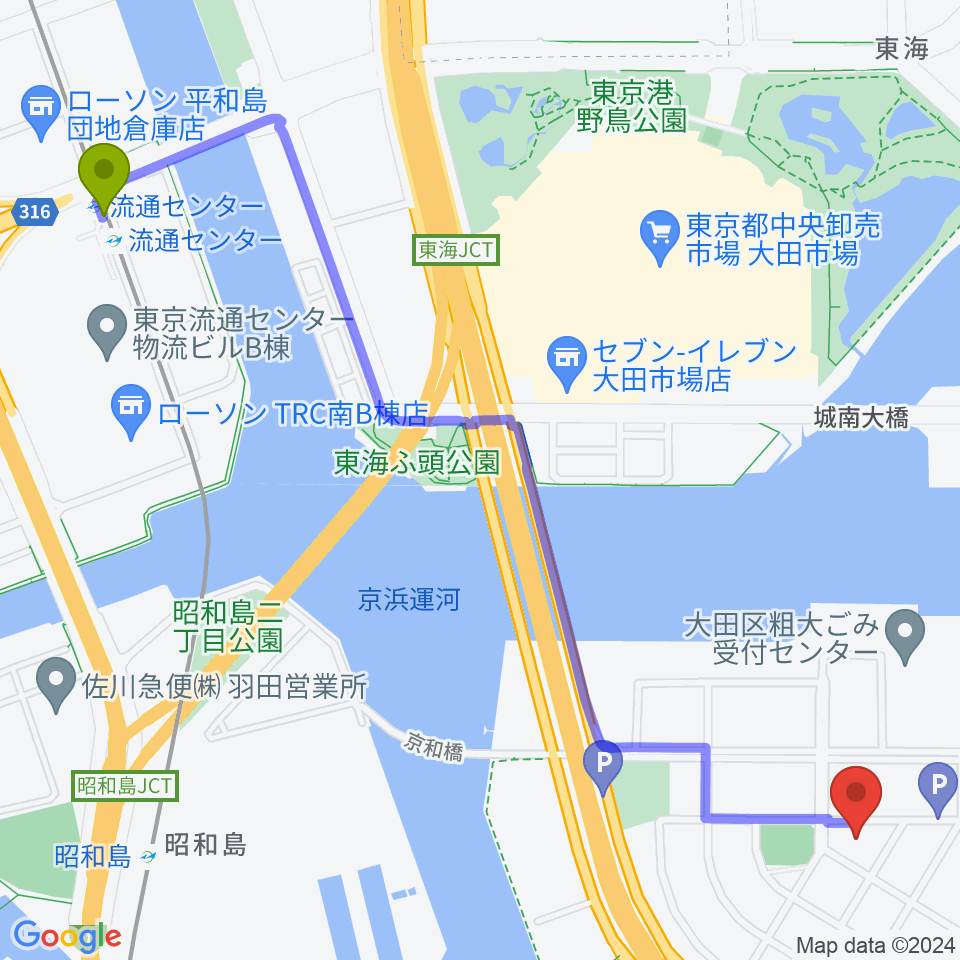 流通センター駅から京浜島勤労者厚生会館へのルートマップ地図