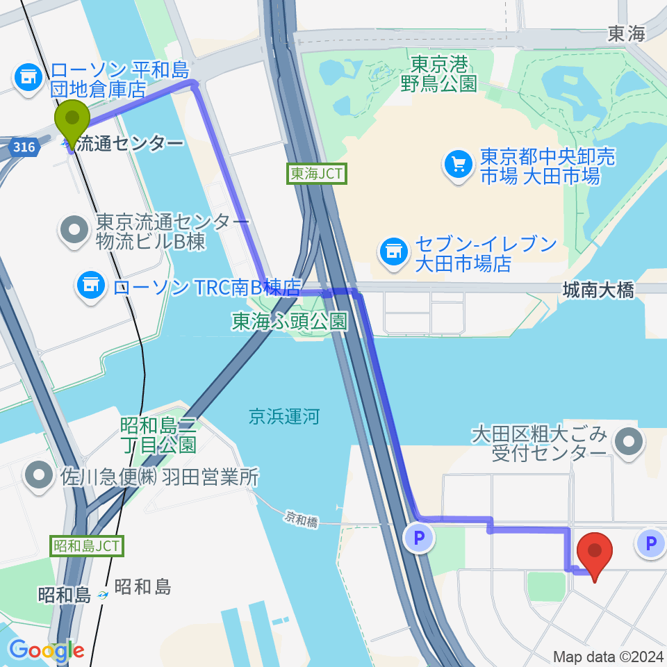 流通センター駅から京浜島勤労者厚生会館へのルートマップ地図