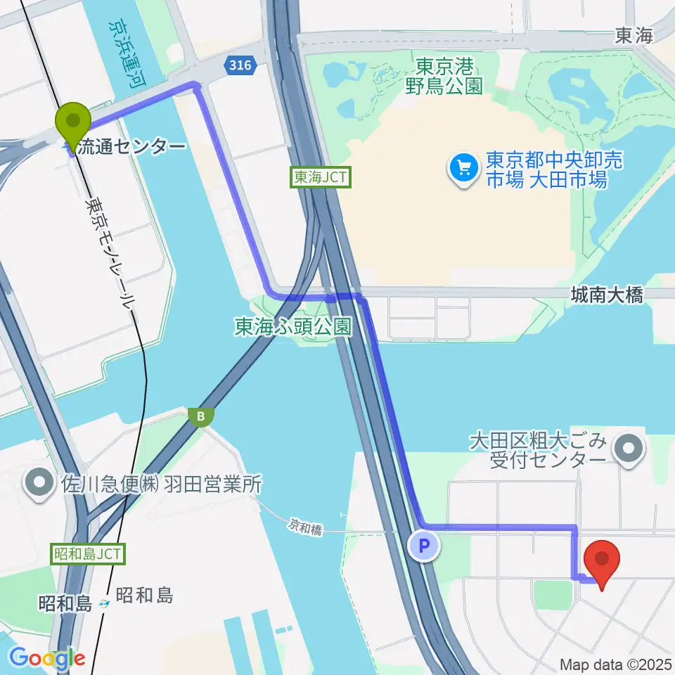 流通センター駅から京浜島勤労者厚生会館へのルートマップ地図