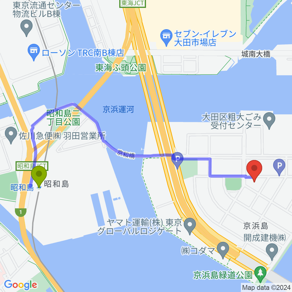 京浜島勤労者厚生会館の最寄駅昭和島駅からの徒歩ルート（約23分）地図