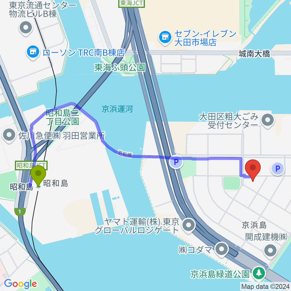 京浜島勤労者厚生会館の最寄駅昭和島駅からの徒歩ルート（約23分）地図