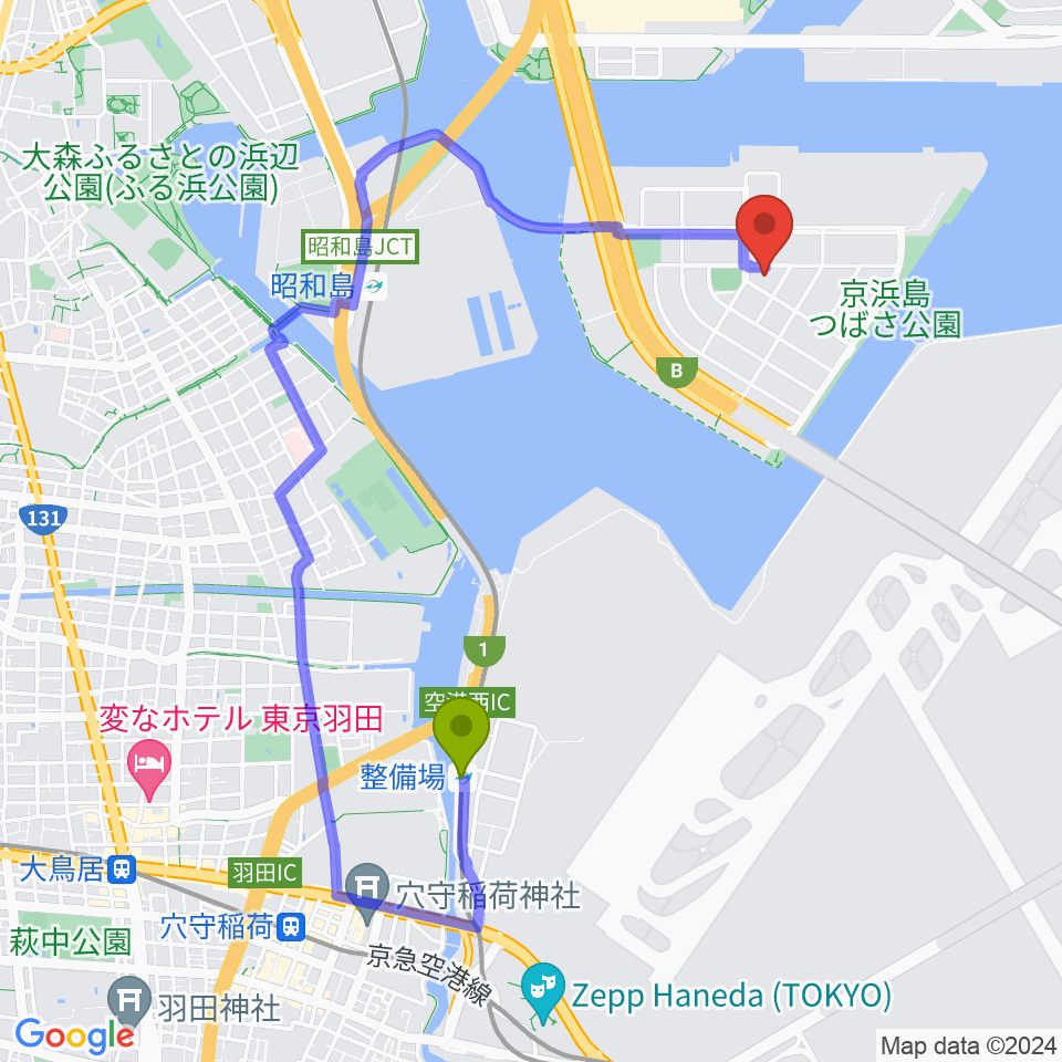 整備場駅から京浜島勤労者厚生会館へのルートマップ地図