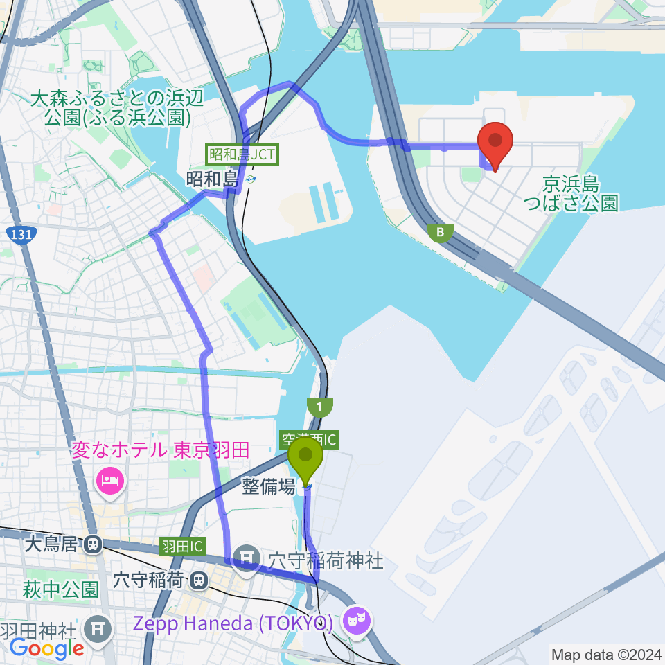 整備場駅から京浜島勤労者厚生会館へのルートマップ地図