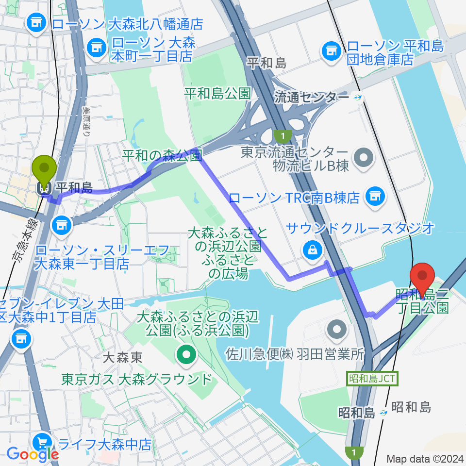 平和島駅から昭和島二丁目公園サッカー場へのルートマップ地図