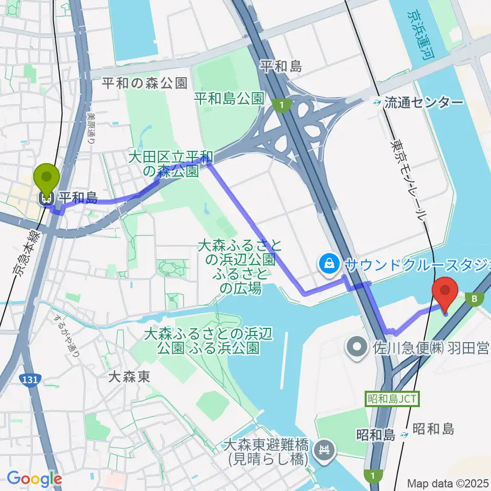 平和島駅から昭和島二丁目公園サッカー場へのルートマップ地図