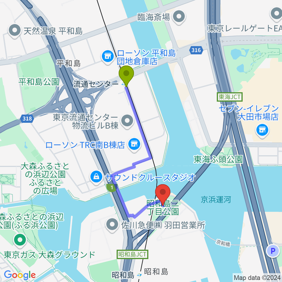 流通センター駅から昭和島二丁目公園サッカー場へのルートマップ地図