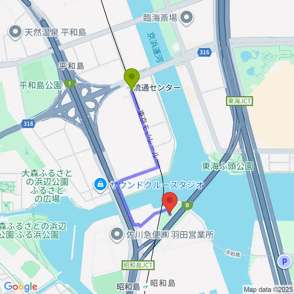 流通センター駅から昭和島二丁目公園サッカー場へのルートマップ地図