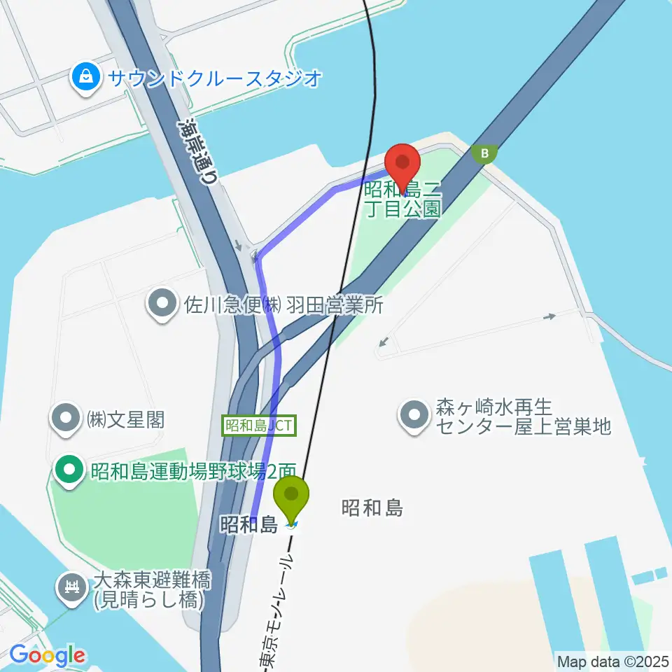 昭和島二丁目公園サッカー場の最寄駅昭和島駅からの徒歩ルート（約8分）地図
