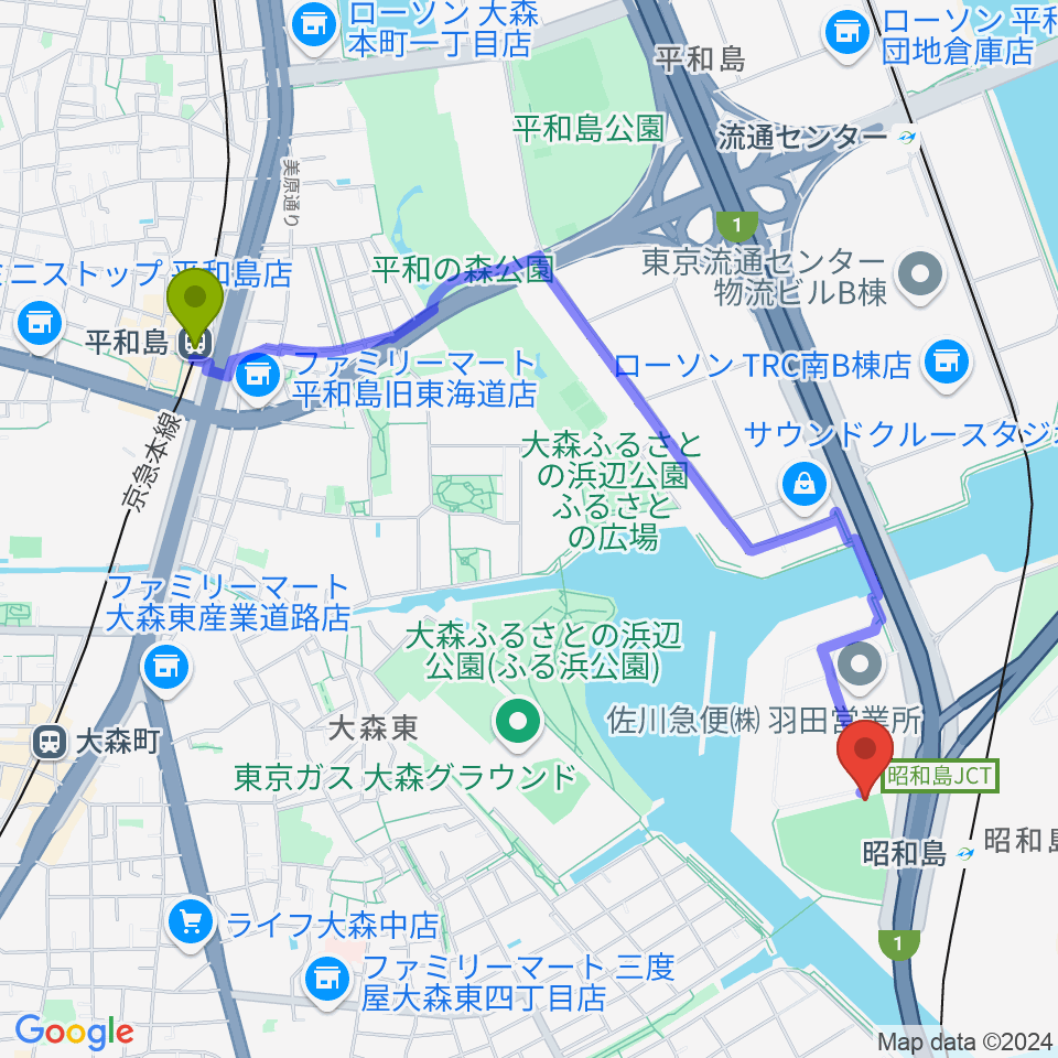 平和島駅から昭和島運動場野球場へのルートマップ地図