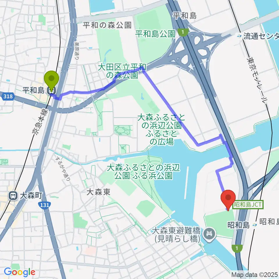 平和島駅から昭和島運動場野球場へのルートマップ地図
