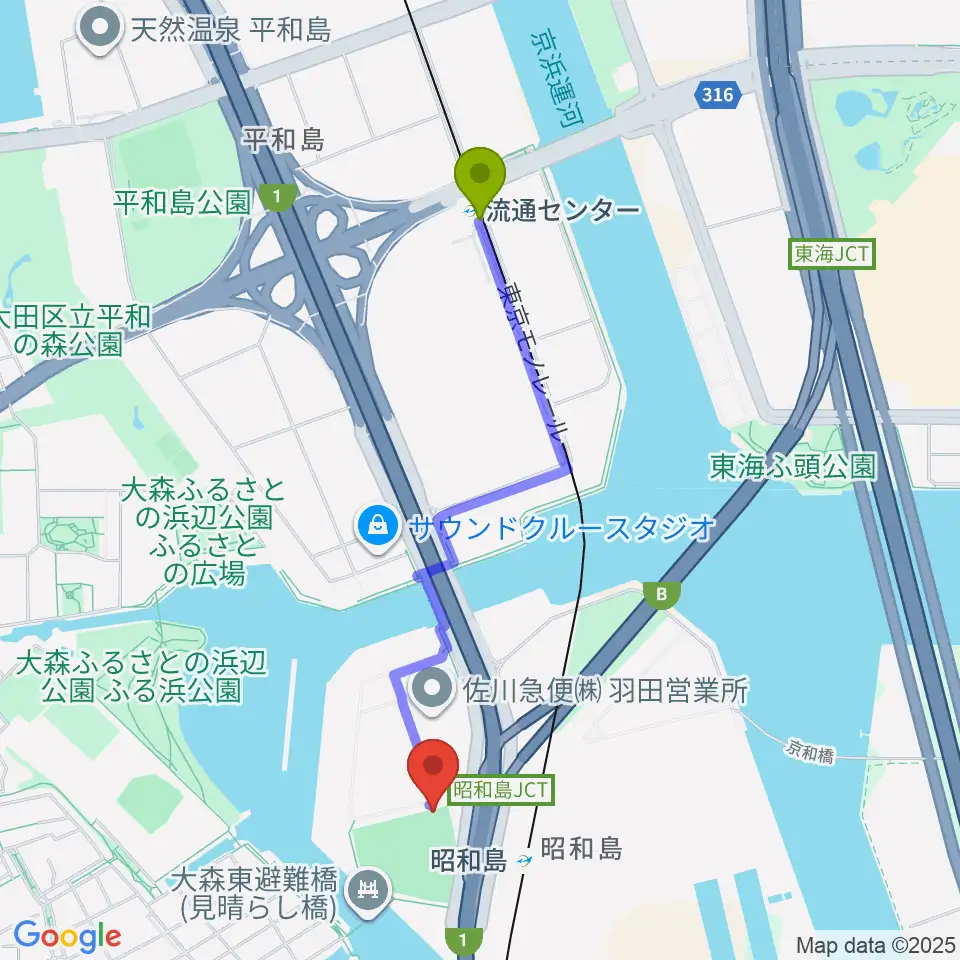 流通センター駅から昭和島運動場野球場へのルートマップ地図