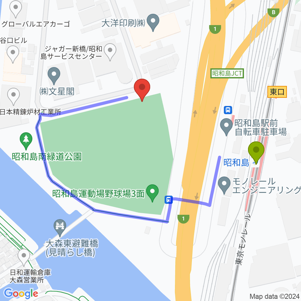 昭和島運動場野球場の最寄駅昭和島駅からの徒歩ルート（約3分）地図