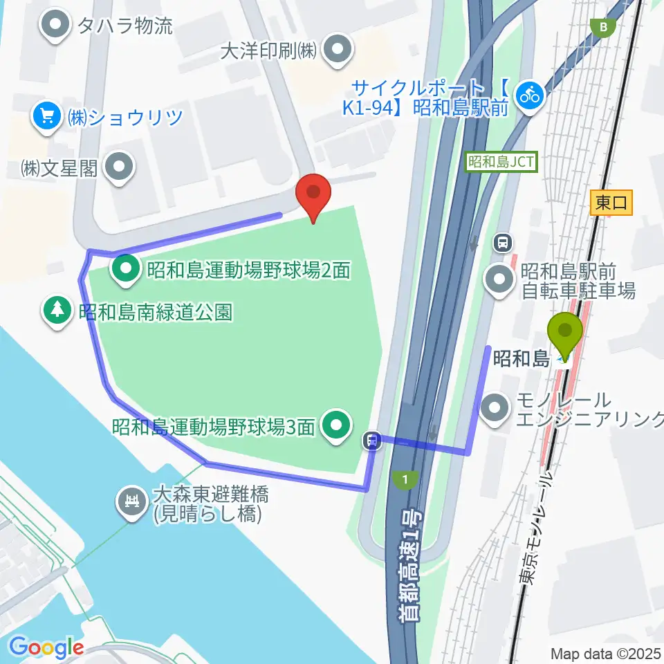 昭和島運動場野球場の最寄駅昭和島駅からの徒歩ルート（約3分）地図