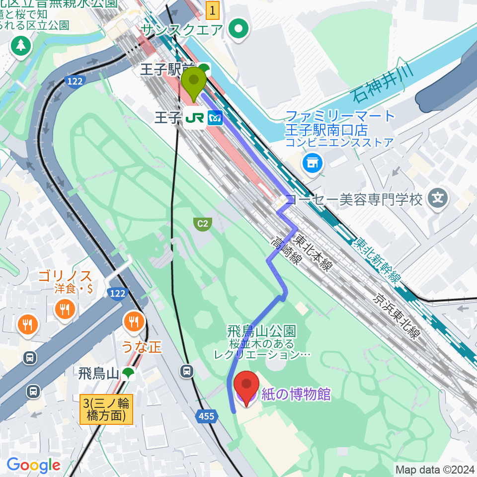 王子駅から紙の博物館へのルートマップ地図