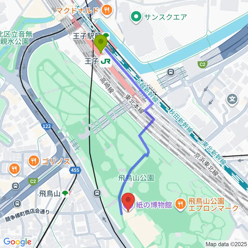 王子駅から紙の博物館へのルートマップ地図